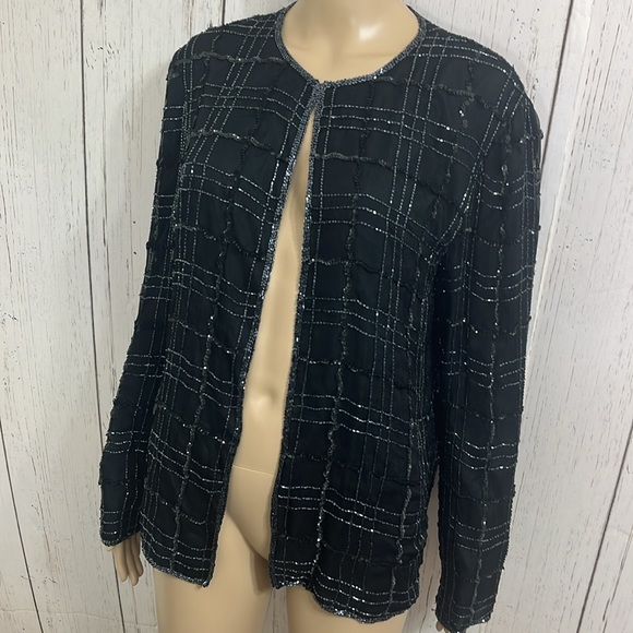 JMD New York 100% Silk Sequins Open Front Jacket Blazer Formal Size Large - Picture 4 of 6